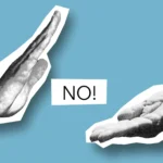 Say no campaign with to hands offering and the other saying no with a blue background