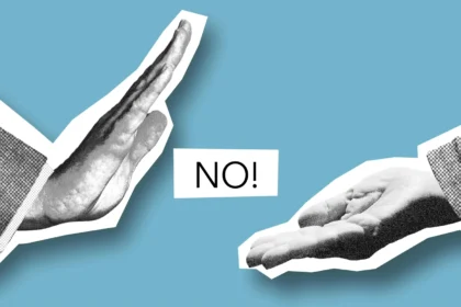 Say no campaign with to hands offering and the other saying no with a blue background